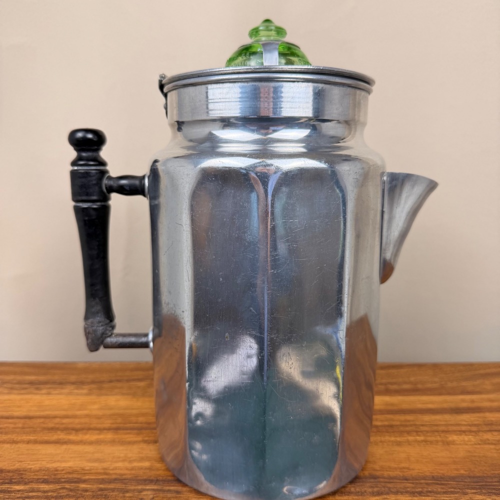 VTG Aluminum Coffee Percolator Green Uranium Glass Knob Gardella Mfg Cleveland